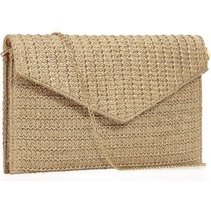 NWT Elegant Tan Straw Woven Clutch Handbag Convertible